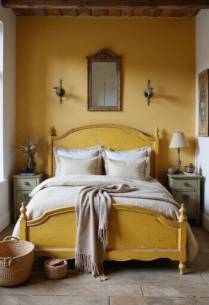 25+ Yellow Bedroom Ideas to Brighten Up Your Space 23 25+ Yellow Bedroom Ideas to Brighten Up Your Space - 23. Yellow Aged Patina Look