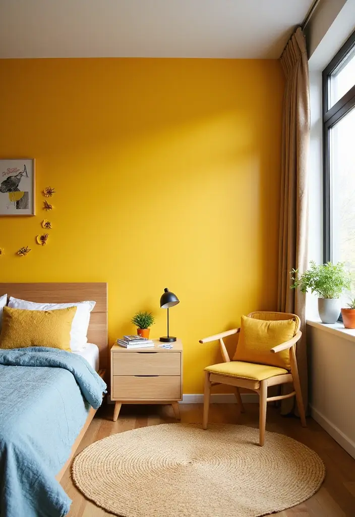 25+ Yellow Bedroom Ideas to Brighten Up Your Space 25 25+ Yellow Bedroom Ideas to Brighten Up Your Space - 25. Playful Yellow Statement Wall