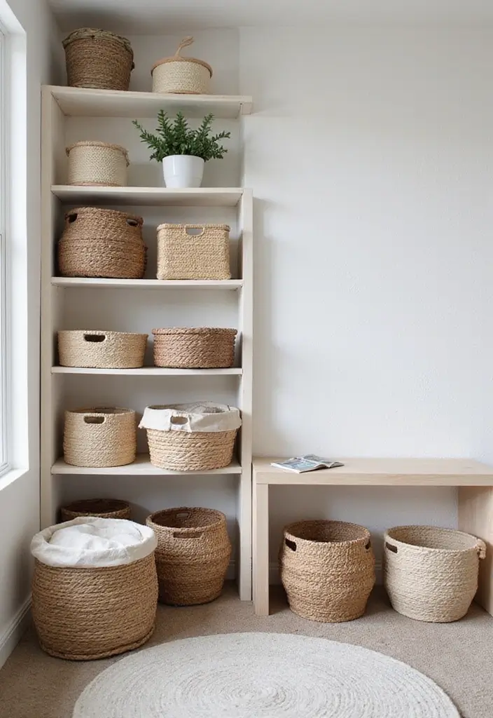 30+ Basement Bedroom Ideas to Maximize Every Inch - 26. Minimalist Storage Baskets