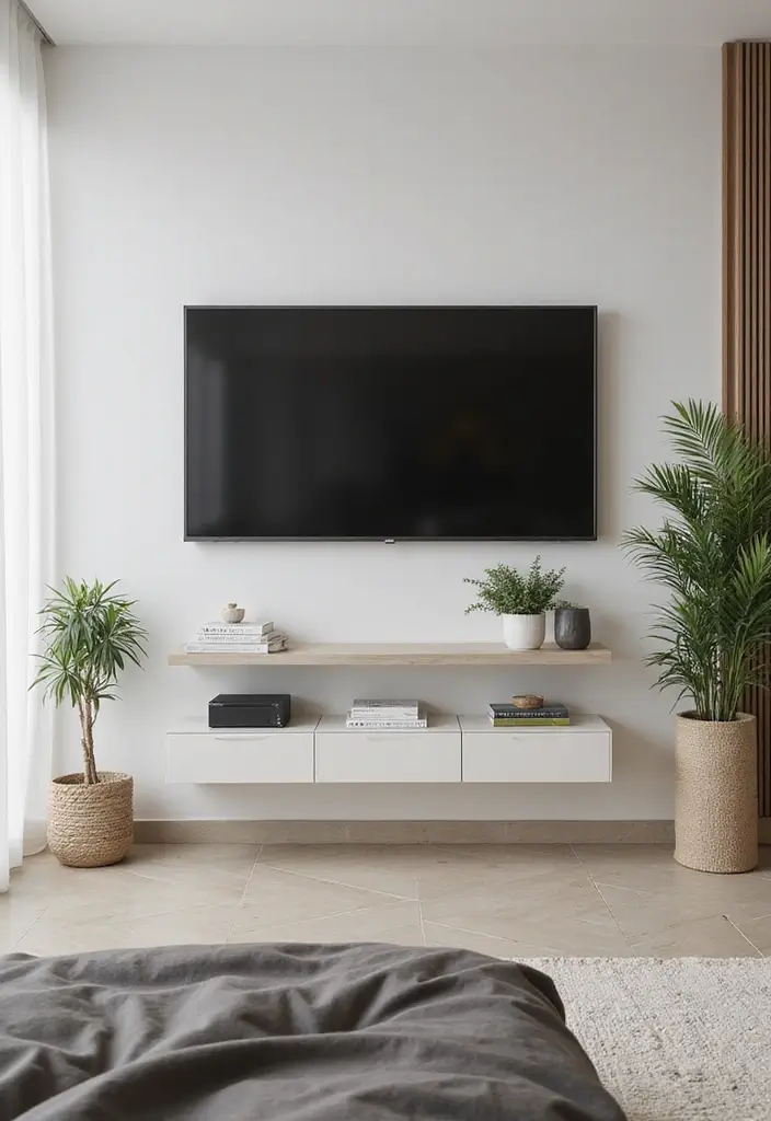 30+ Bedroom TV Wall Ideas for a Sleek Look - 1. Floating Shelves for a Sleek Look