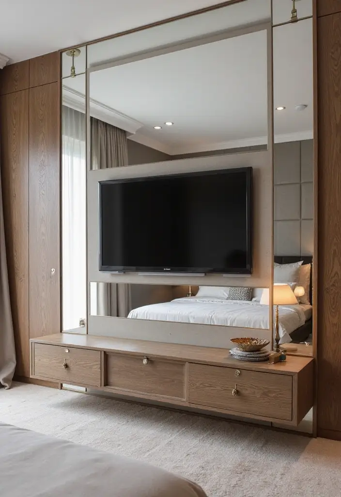30+ Bedroom TV Wall Ideas for a Sleek Look - 10. Mirrored TV Wall