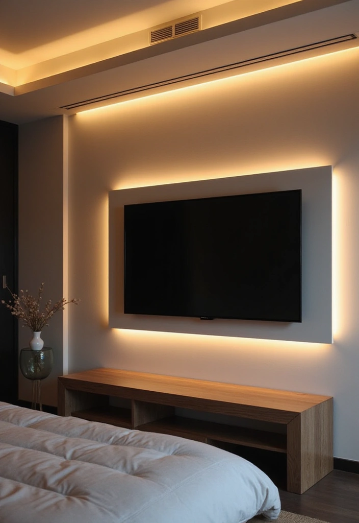 30+ Bedroom TV Wall Ideas for a Sleek Look - 12. Accent Lighting for TV Wall
