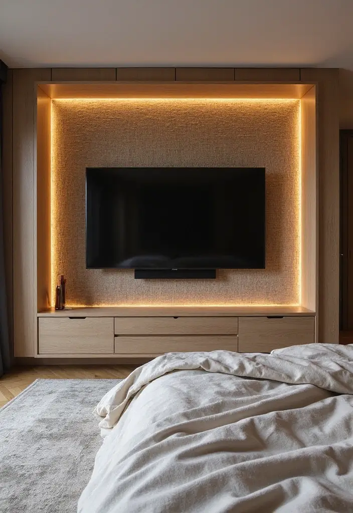 30+ Bedroom TV Wall Ideas for a Sleek Look - 14. Textured Fabrics Behind TV