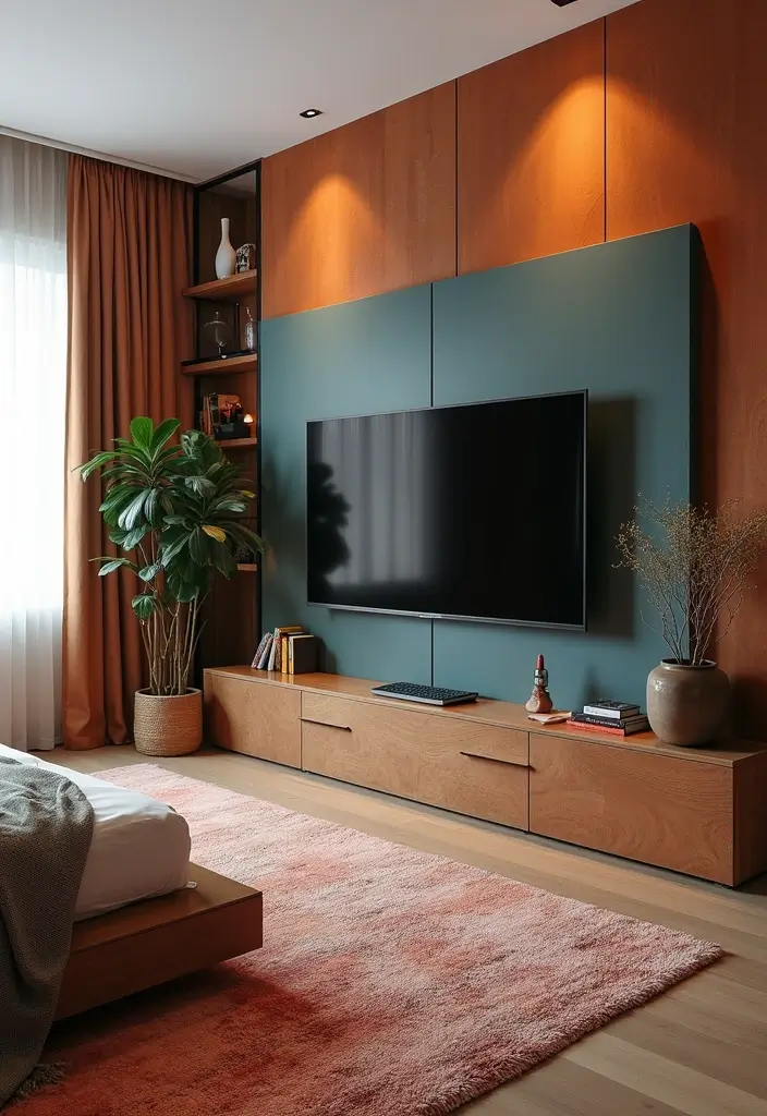 30+ Bedroom TV Wall Ideas for a Sleek Look - 18. Eclectic Mix of Materials