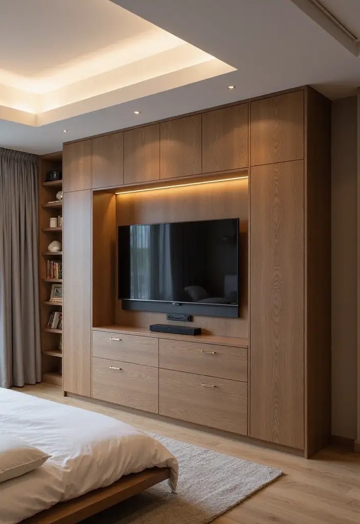 30+ Bedroom TV Wall Ideas for a Sleek Look - 2. Minimalist Built-In Cabinets
