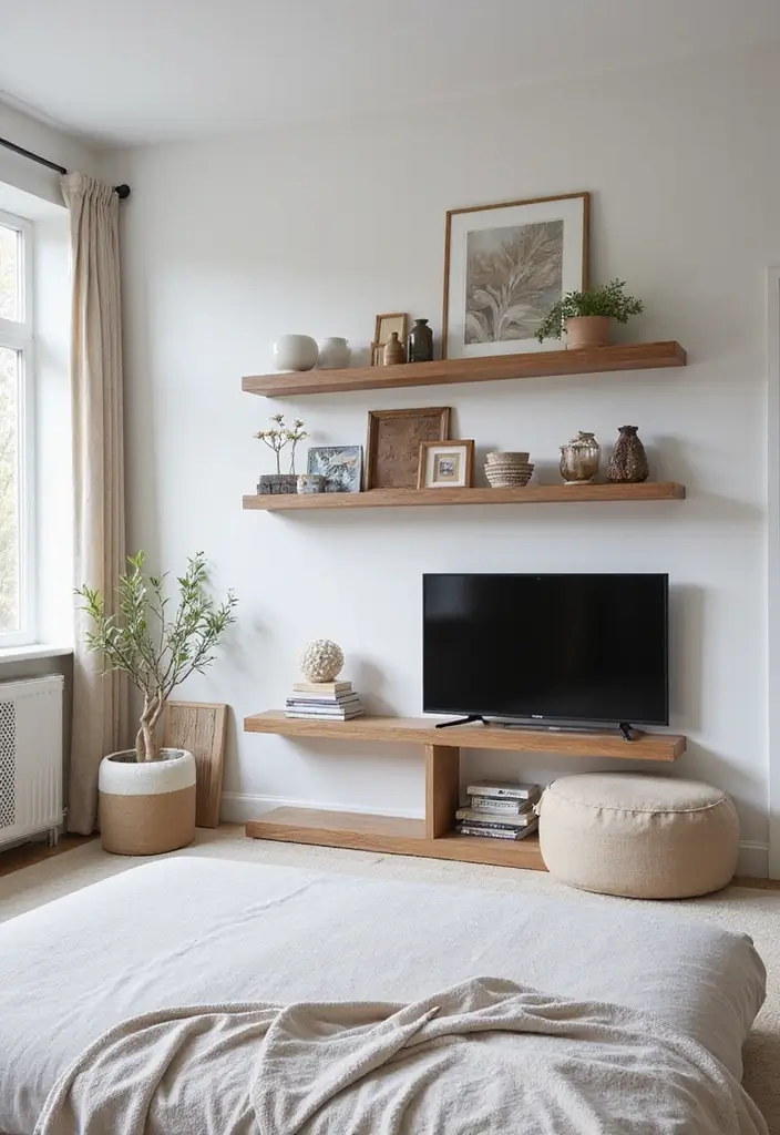 30+ Bedroom TV Wall Ideas for a Sleek Look - 20. Open Shelving for Display