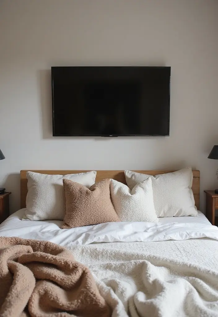 30+ Bedroom TV Wall Ideas for a Sleek Look - 24. Soft Textures Around TV