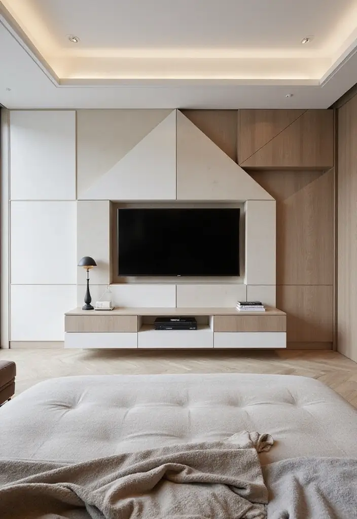 30+ Bedroom TV Wall Ideas for a Sleek Look - 27. Geometric Shapes for Modern Appeal