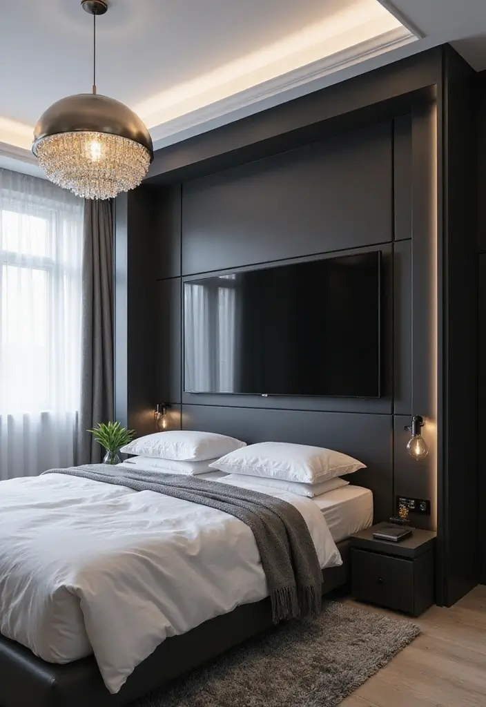 30+ Bedroom TV Wall Ideas for a Sleek Look - 28. Sleek Black and White Themes