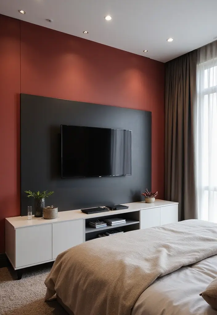 30+ Bedroom TV Wall Ideas for a Sleek Look - 7. Contrast Colors for Impact
