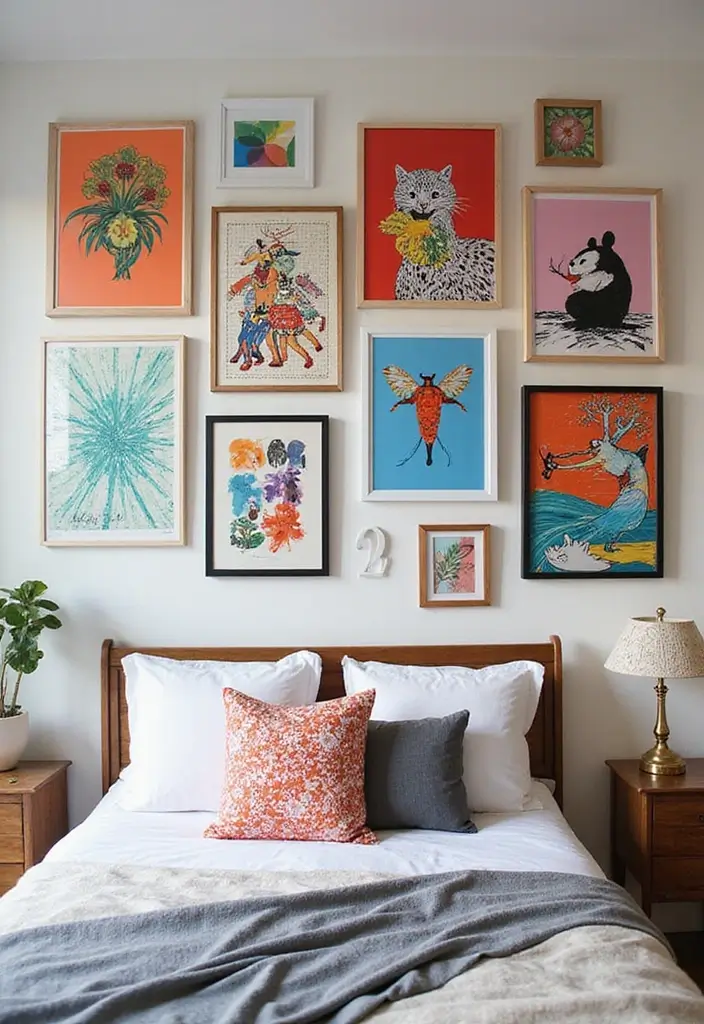 30+ Bedroom Wall Collage Ideas That Look Aesthetic 11 30+ Bedroom Wall Collage Ideas That Look Aesthetic - 11. Colorful Art Prints