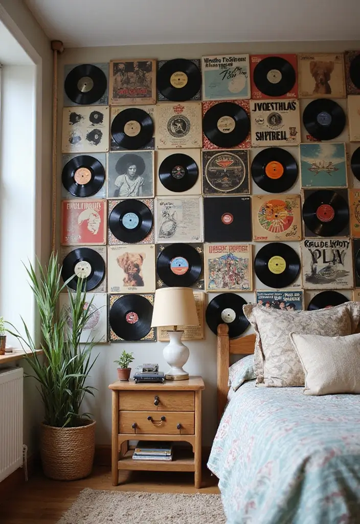 30+ Bedroom Wall Collage Ideas That Look Aesthetic 20 30+ Bedroom Wall Collage Ideas That Look Aesthetic - 20. Artsy Vinyl Record Display