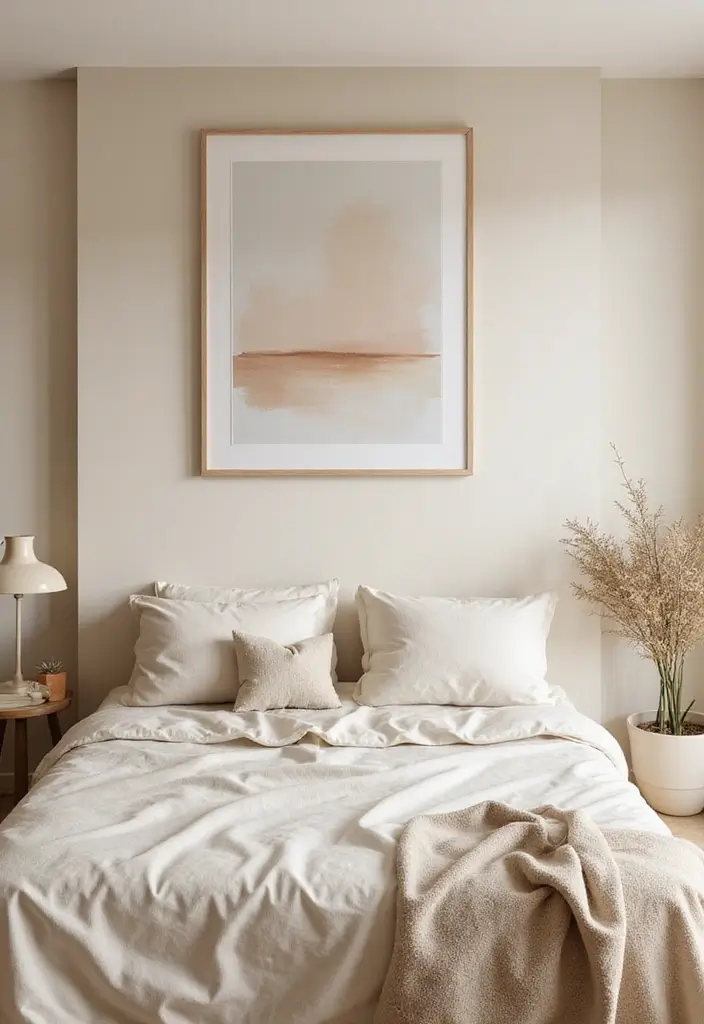 30+ Beige Bedroom Ideas That Feel Warm and Minimal 11 30+ Beige Bedroom Ideas That Feel Warm and Minimal - 11. Minimalist Art Displays