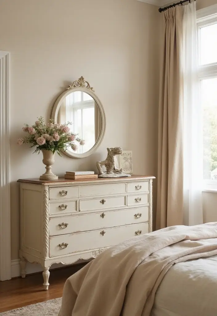 30+ Beige Bedroom Ideas That Feel Warm and Minimal 14 30+ Beige Bedroom Ideas That Feel Warm and Minimal - 14. Vintage Touches