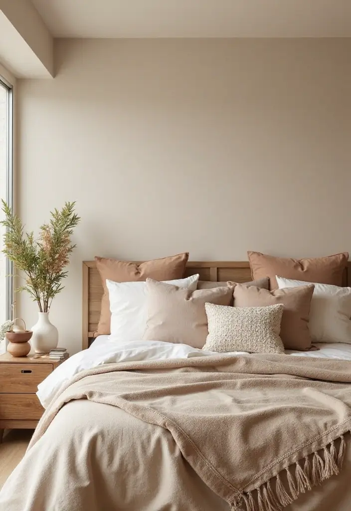 30+ Beige Bedroom Ideas That Feel Warm and Minimal 22 30+ Beige Bedroom Ideas That Feel Warm and Minimal - 22. Accent Pillows Galore