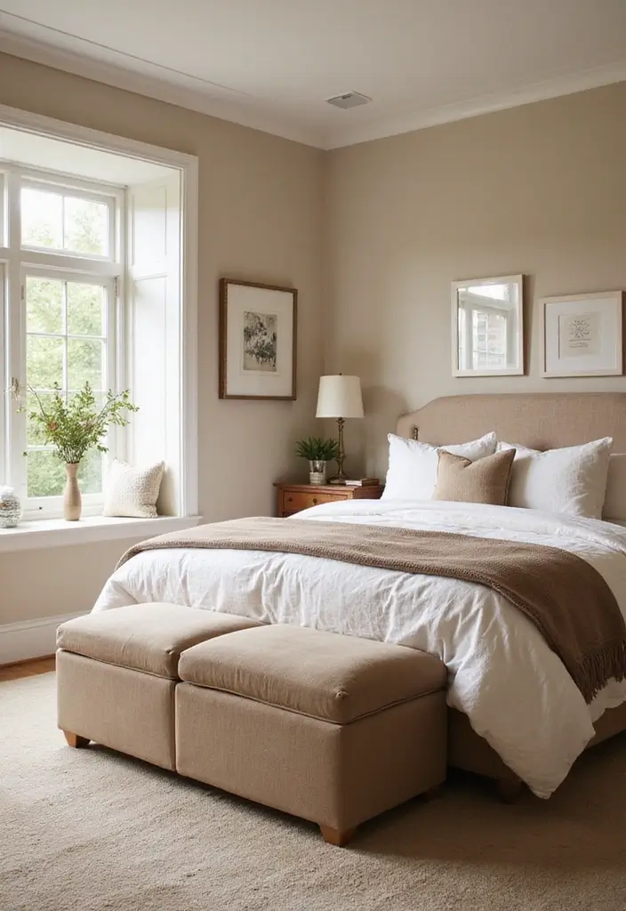 30+ Beige Bedroom Ideas That Feel Warm and Minimal 24 30+ Beige Bedroom Ideas That Feel Warm and Minimal - 24. Functional Ottoman Seating