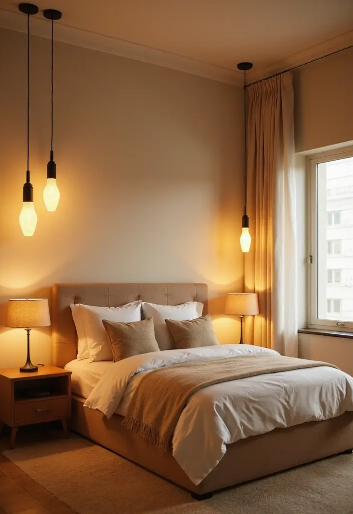 30+ Beige Bedroom Ideas That Feel Warm and Minimal 25 30+ Beige Bedroom Ideas That Feel Warm and Minimal - 25. Warm Lighting Fixtures