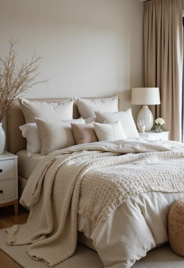 30+ Beige Bedroom Ideas That Feel Warm and Minimal 26 30+ Beige Bedroom Ideas That Feel Warm and Minimal - 26. Elegant Bedding Layers
