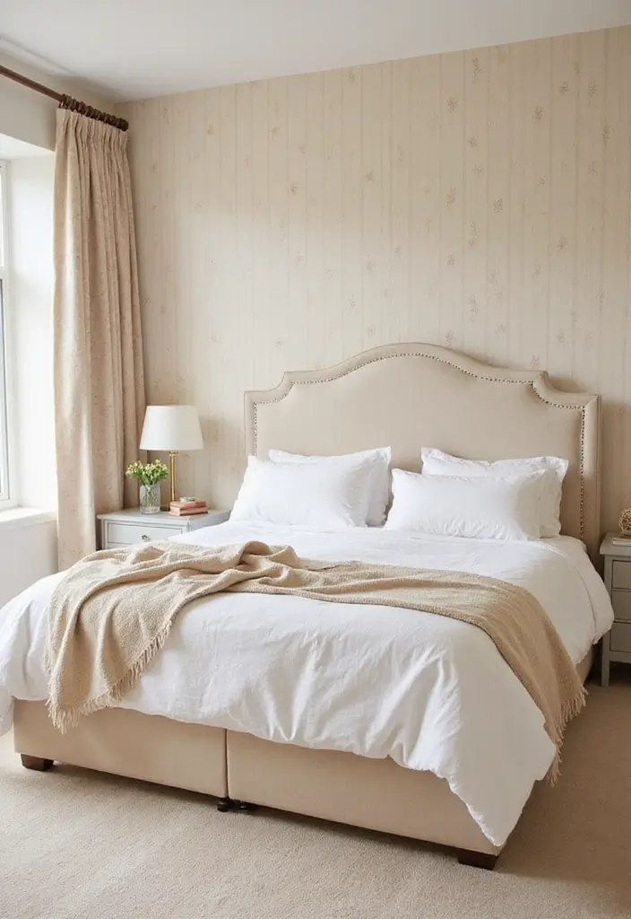 30+ Beige Bedroom Ideas That Feel Warm and Minimal 28 30+ Beige Bedroom Ideas That Feel Warm and Minimal - 28. Subtle Wallpaper Patterns