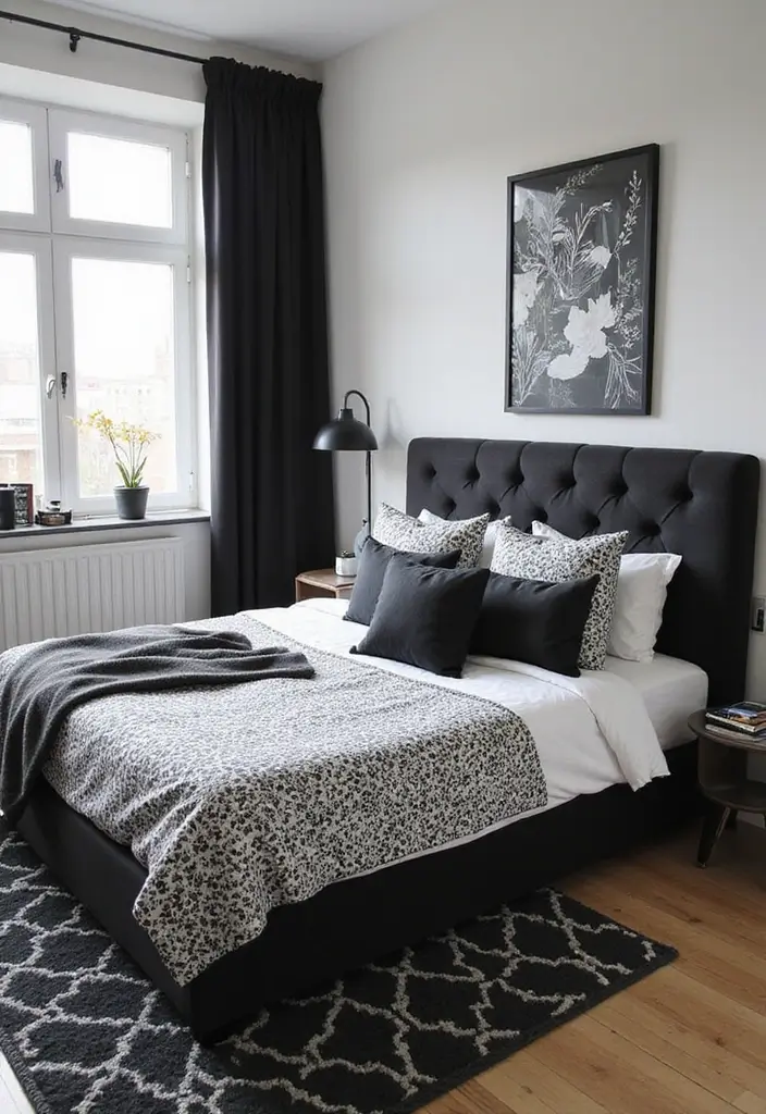 30+ Black Bed Frame Bedroom Ideas That Feel Bold and Stylish 11 30+ Black Bed Frame Bedroom Ideas That Feel Bold and Stylish - 11. Sophisticated Monochrome
