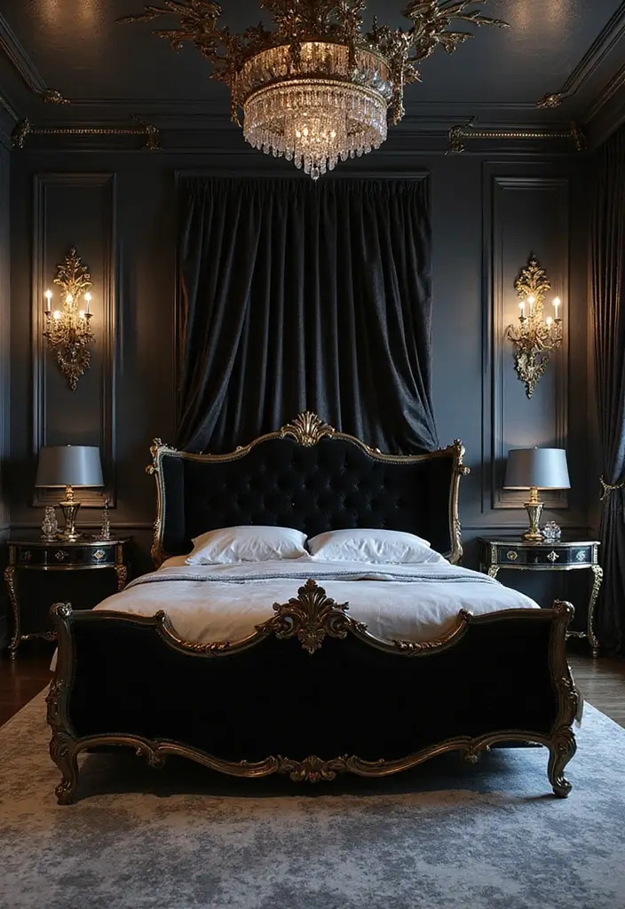 30+ Black Bed Frame Bedroom Ideas That Feel Bold and Stylish 14 30+ Black Bed Frame Bedroom Ideas That Feel Bold and Stylish - 14. Glamorous Hollywood Style