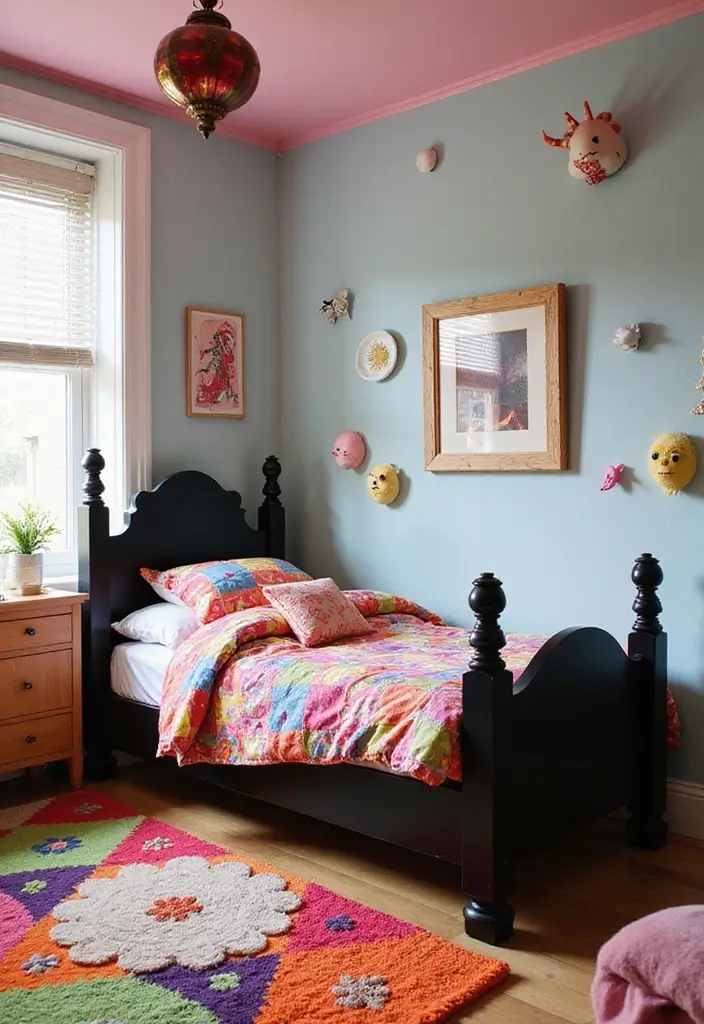 30+ Black Bed Frame Bedroom Ideas That Feel Bold and Stylish 15 30+ Black Bed Frame Bedroom Ideas That Feel Bold and Stylish - 15. Youthful Playfulness