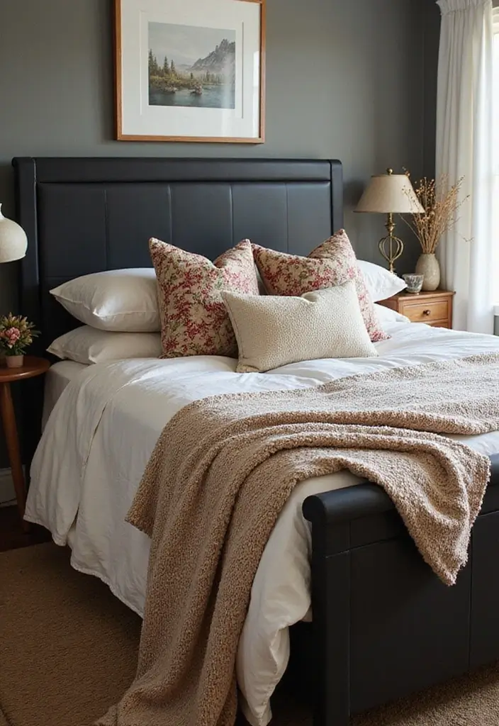 30+ Black Bed Frame Bedroom Ideas That Feel Bold and Stylish 17 30+ Black Bed Frame Bedroom Ideas That Feel Bold and Stylish - 17. Layered Textiles