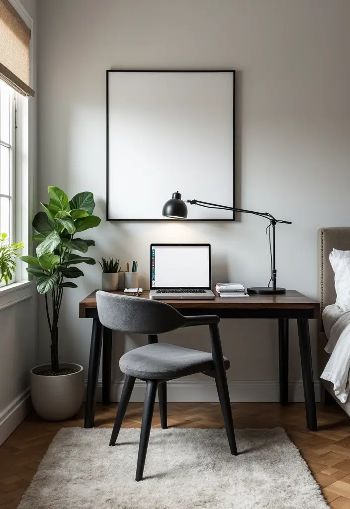 30+ Black Bed Frame Bedroom Ideas That Feel Bold and Stylish 19 30+ Black Bed Frame Bedroom Ideas That Feel Bold and Stylish - 19. Chic Home Office Combo