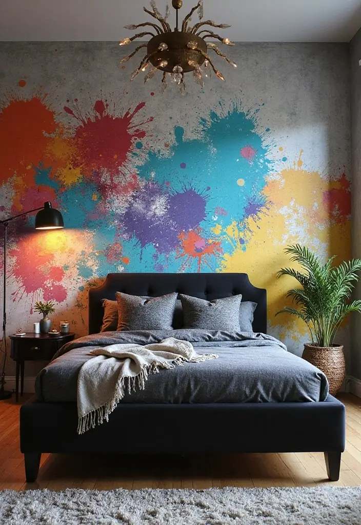 30+ Black Bed Frame Bedroom Ideas That Feel Bold and Stylish 21 30+ Black Bed Frame Bedroom Ideas That Feel Bold and Stylish - 21. Artistic Wall Murals