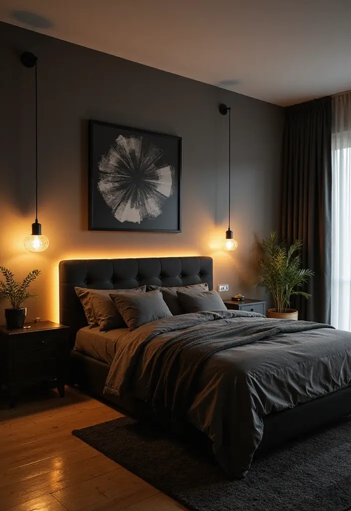 30+ Black Bed Frame Bedroom Ideas That Feel Bold and Stylish 22 30+ Black Bed Frame Bedroom Ideas That Feel Bold and Stylish - 22. Creative Lighting Fixtures