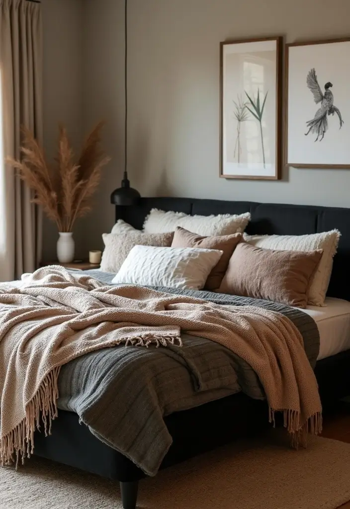 30+ Black Bed Frame Bedroom Ideas That Feel Bold and Stylish 23 30+ Black Bed Frame Bedroom Ideas That Feel Bold and Stylish - 23. Layering with Throws