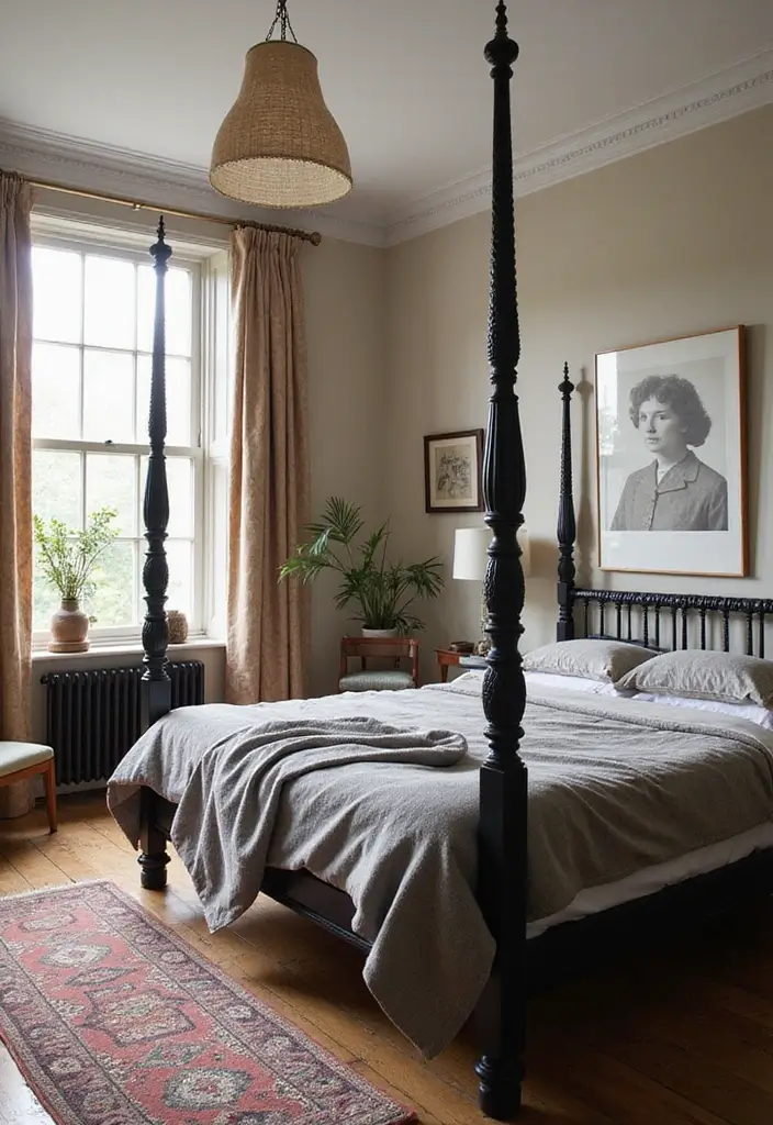30+ Black Bed Frame Bedroom Ideas That Feel Bold and Stylish 26 30+ Black Bed Frame Bedroom Ideas That Feel Bold and Stylish - 26. Vintage Accents