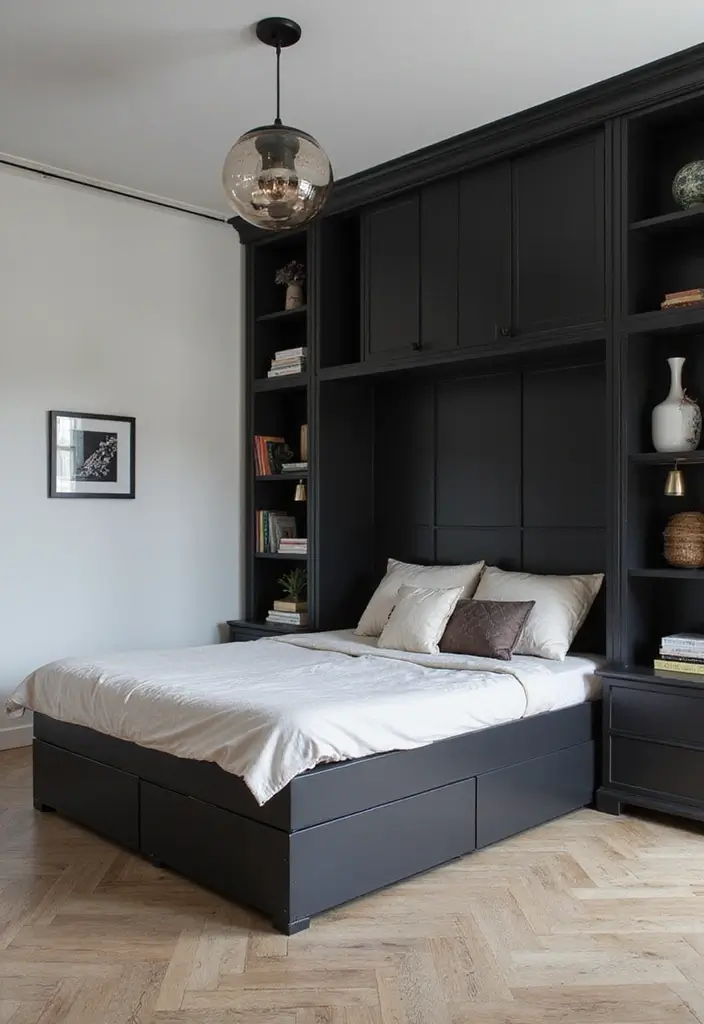 30+ Black Bed Frame Bedroom Ideas That Feel Bold and Stylish 29 30+ Black Bed Frame Bedroom Ideas That Feel Bold and Stylish - 29. Functional Yet Stylish