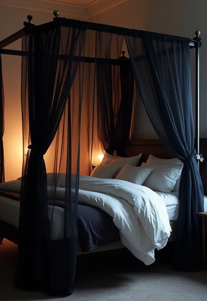 30+ Black Bed Frame Bedroom Ideas That Feel Bold and Stylish 3 30+ Black Bed Frame Bedroom Ideas That Feel Bold and Stylish - 3. Elegant Canopy Dreams