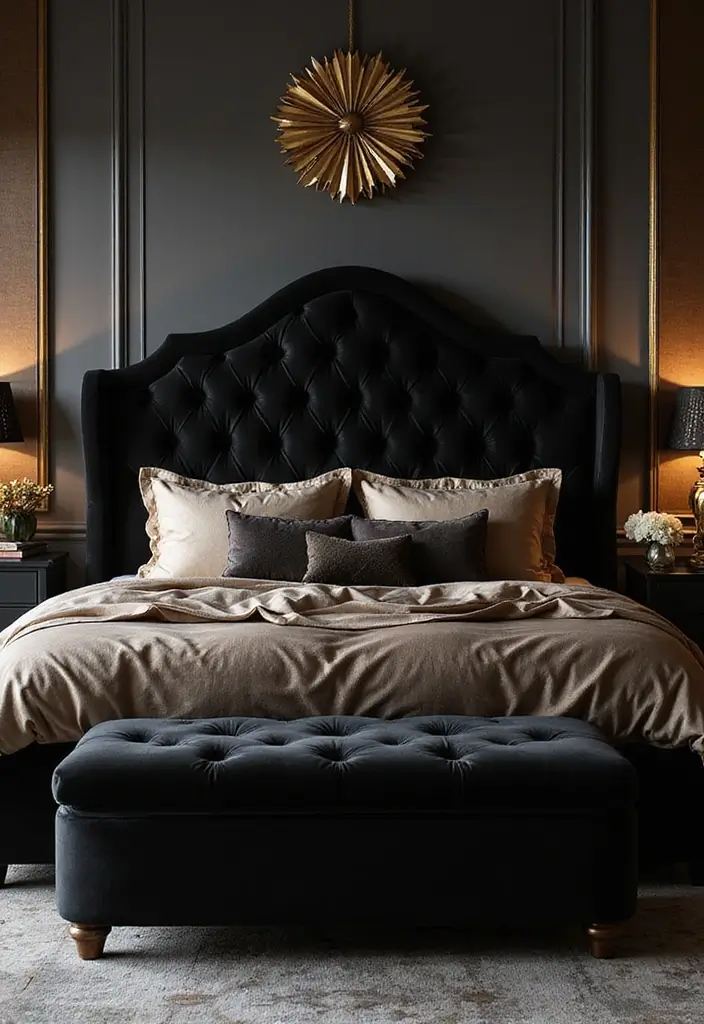 30+ Black Bed Frame Bedroom Ideas That Feel Bold and Stylish 5 30+ Black Bed Frame Bedroom Ideas That Feel Bold and Stylish - 5. Luxe Velvet Vibes