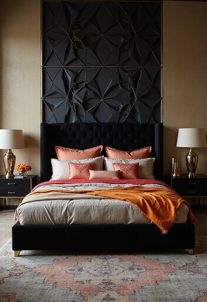 30+ Black Bed Frame Bedroom Ideas That Feel Bold and Stylish 9 30+ Black Bed Frame Bedroom Ideas That Feel Bold and Stylish - 9. Geometric Glamorous