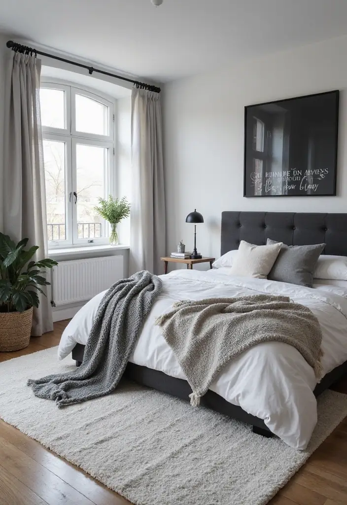 30+ Black and White Bedroom Ideas for a Timeless Look 17 30+ Black and White Bedroom Ideas for a Timeless Look - 17. Soft Area Rugs