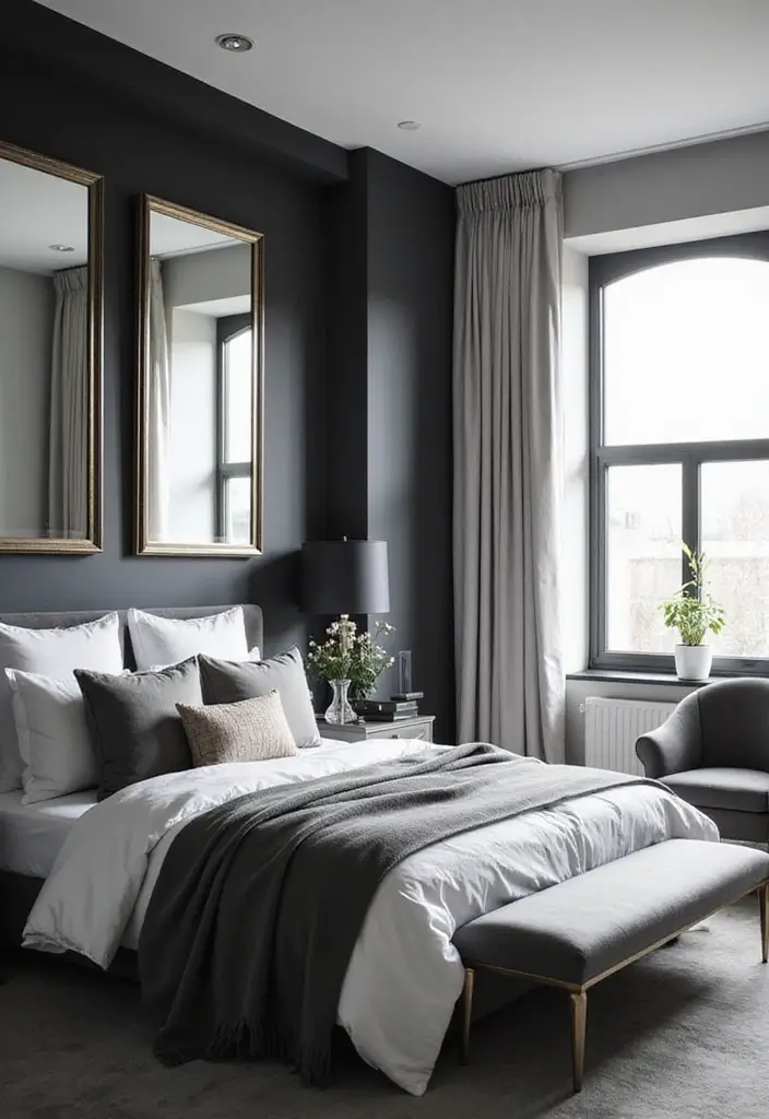 30+ Black and White Bedroom Ideas for a Timeless Look 21 30+ Black and White Bedroom Ideas for a Timeless Look - 21. Elegant Mirrors for Light