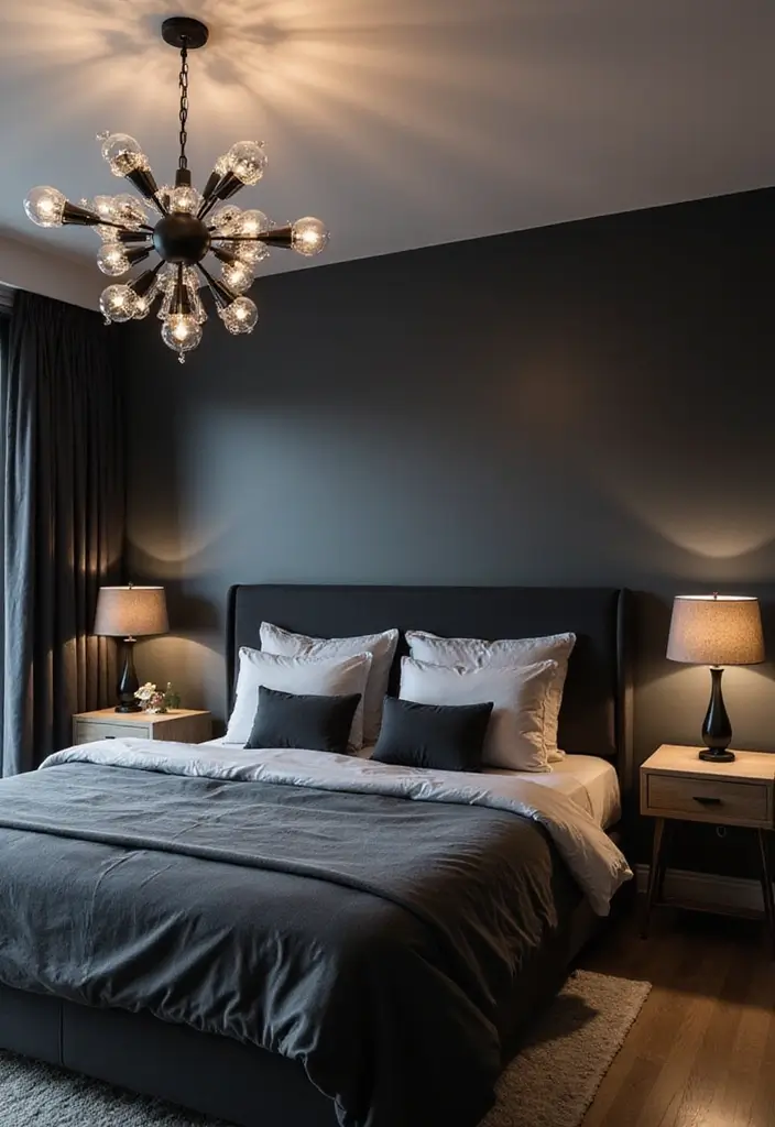 30+ Black and White Bedroom Ideas for a Timeless Look 4 30+ Black and White Bedroom Ideas for a Timeless Look - 4. Statement Lighting Fixtures