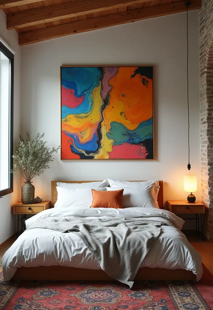 30+ Cozy Loft Bedroom Ideas You’ll Want to Copy 27 30+ Cozy Loft Bedroom Ideas You’ll Want to Copy - 27. Colorful Wall Art