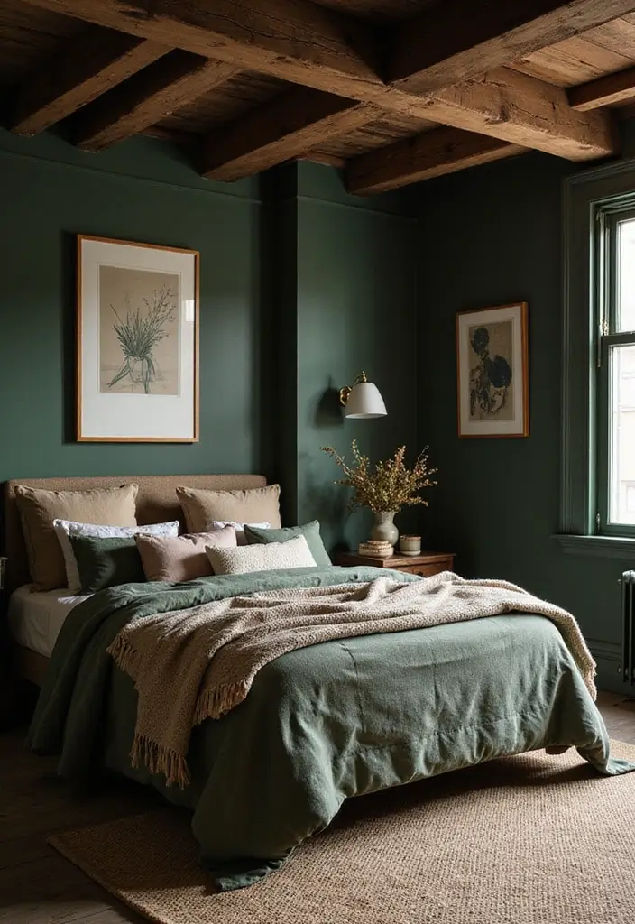 30+ Dark Earthy Bedroom Ideas for a Natural Feel - 1. Rustic Wooden Beams