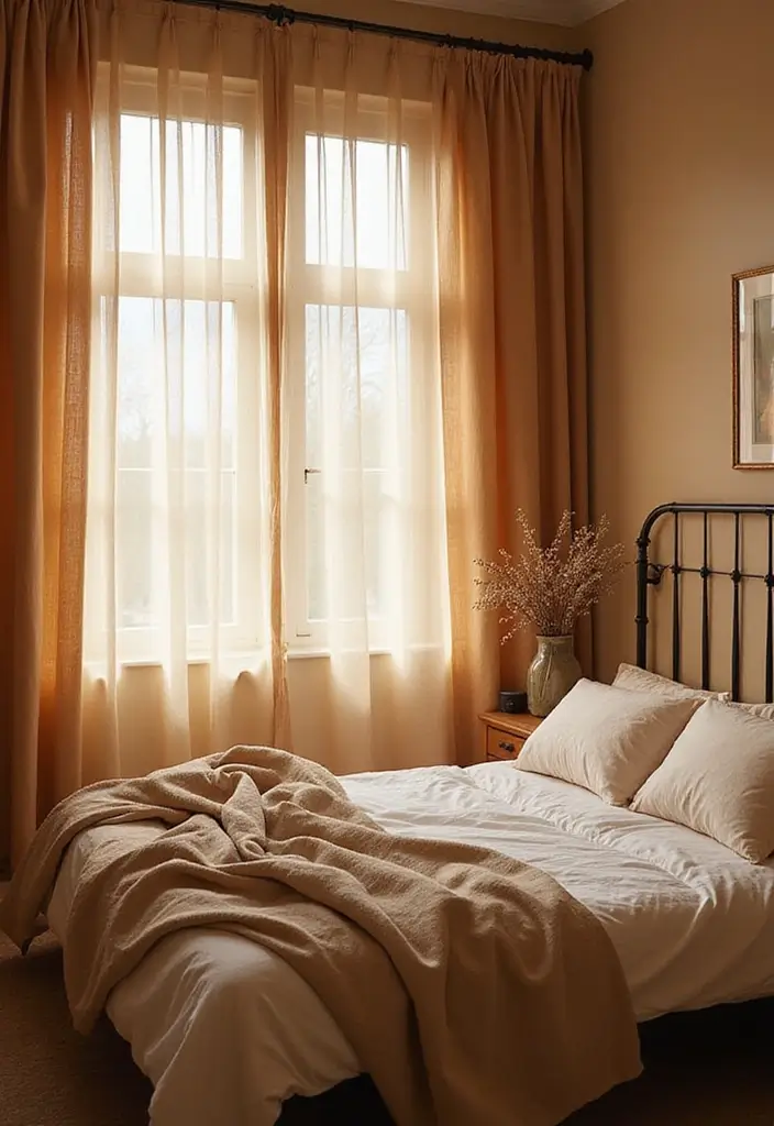 30+ Dark Earthy Bedroom Ideas for a Natural Feel - 19. Soft, Natural Curtains