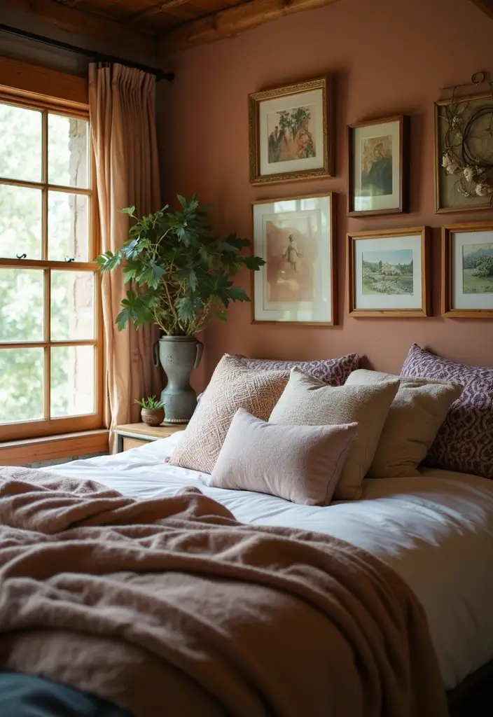 30+ Dark Earthy Bedroom Ideas for a Natural Feel - 24. Personal Art Displays