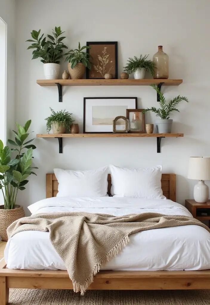 30+ Dark Earthy Bedroom Ideas for a Natural Feel - 27. Rustic Floating Shelves