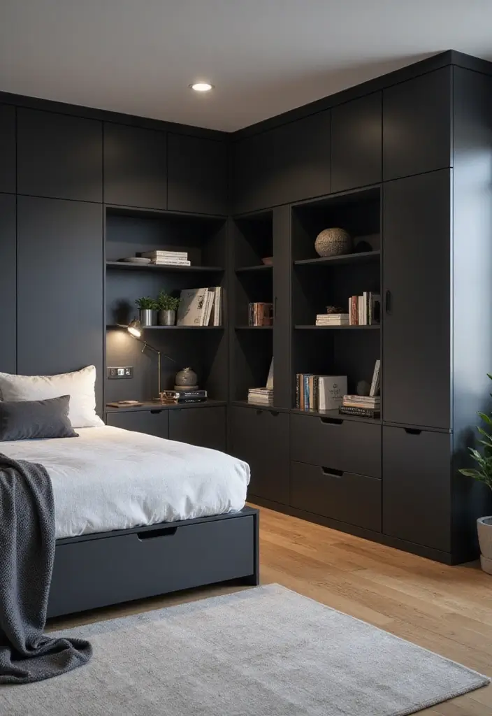 30+ Dark Grey Bedroom Ideas for a Chic and Modern Look 11 30+ Dark Grey Bedroom Ideas for a Chic and Modern Look - 11. Smart Storage Solutions