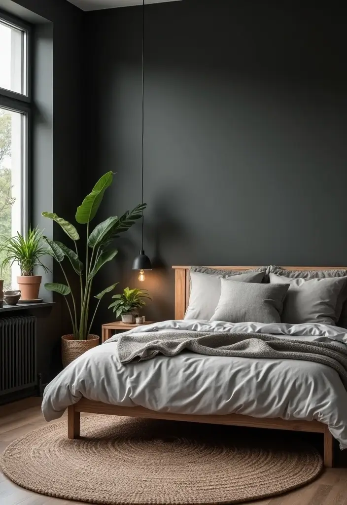 30+ Dark Grey Bedroom Ideas for a Chic and Modern Look 15 30+ Dark Grey Bedroom Ideas for a Chic and Modern Look - 15. Nature-Inspired Decor