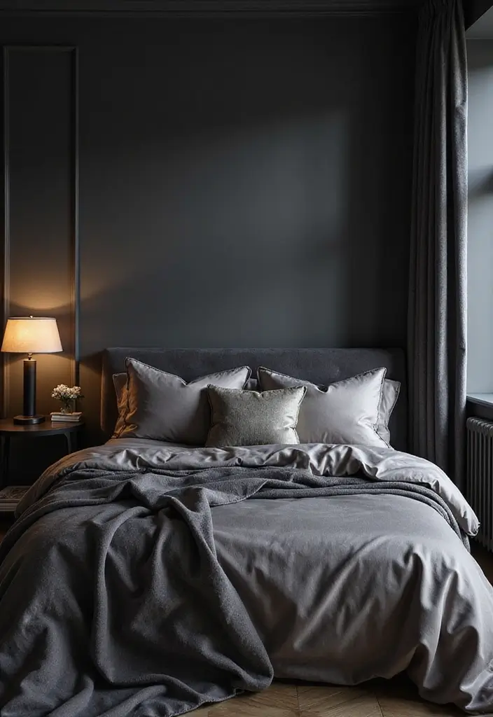 30+ Dark Grey Bedroom Ideas for a Chic and Modern Look 17 30+ Dark Grey Bedroom Ideas for a Chic and Modern Look - 17. Luxe Fabrics