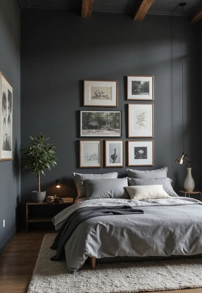 30+ Dark Grey Bedroom Ideas for a Chic and Modern Look 20 30+ Dark Grey Bedroom Ideas for a Chic and Modern Look - 20. Artful Arrangements