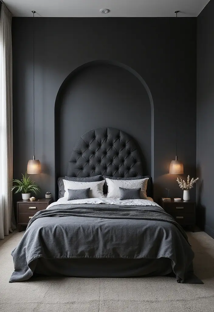 30+ Dark Grey Bedroom Ideas for a Chic and Modern Look 22 30+ Dark Grey Bedroom Ideas for a Chic and Modern Look - 22. Unique Headboard Designs