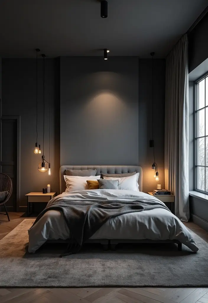 30+ Dark Grey Bedroom Ideas for a Chic and Modern Look 25 30+ Dark Grey Bedroom Ideas for a Chic and Modern Look - 25. Layered Lighting